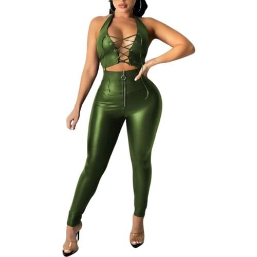 Womens PU Faux Leather 2 Piece Outfits V Neck Sleeveless Crop Top and High Waist PU Pencil Pants Set