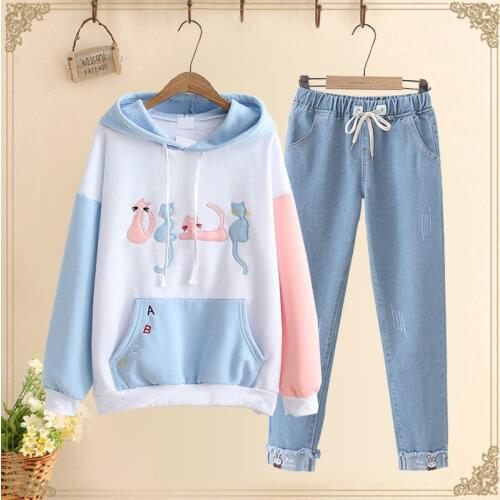 Single/Set Female Student Jeans Set 2021New Women Spring Autumn Sweatshirt+Cowboy Pants Two-Piece Suit Jeans No velvet B1230