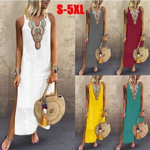 2021 Womens New Casual Loose Hemp Bohemian Sexy Sleeveless V-Neck Side Split Summer Party Long Lace White Dress Elegant Vestido