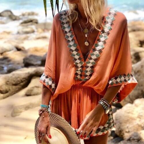 Vintage bohemian mini dress women batwing sleeve beach boho dress ladies v neck robe femme Casual Dress
