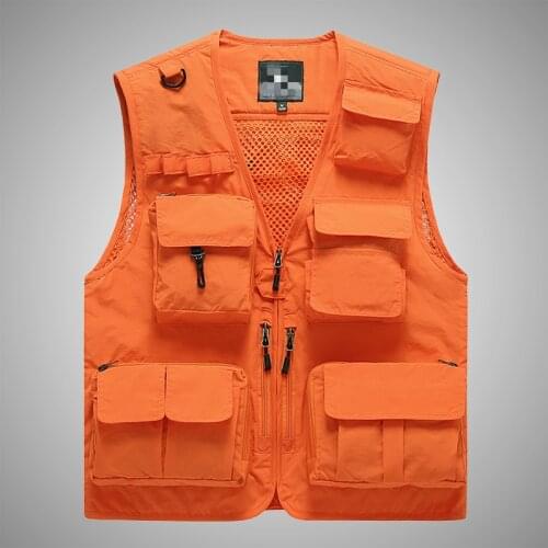 Summer V-neck Men Tactical Utility Vest Orange Safety Vest Outdoor Sleeveless Hunting Fishing Vest Male Casual Sportswear 7xl