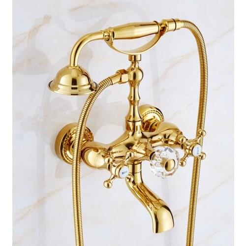 Gold Bathtub Shower Faucet Set Soild Brass & Crystal Bathroom Hot & Cold Taps Mixer Crane Double Handle With Handheld Wall Mount