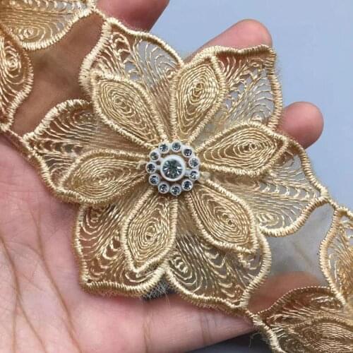 10x Gold Pearl Diamond 7.5x7.5cm 3D Flower Embroidered Lace Trim Ribbon Fabric DIY Sewing Craft For Costume Hat Shoes Decoration