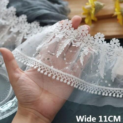 11CM Wide Double Layers White Mesh Sequins Embroidered Lace Fringe Ribbon Collar Cuffs Edge Trim Apparel Tassel DIY Sewing Decor