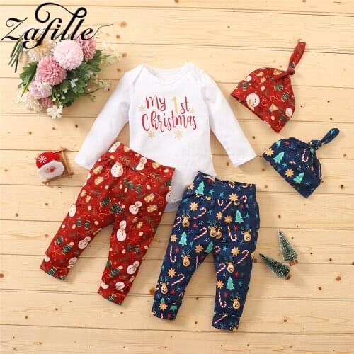 ZAFILLE 0-12M Baby Christmas Outfits Letter Santa Claus Bodysuit and Pants 3pcs Toddler My First Christmas New Years Costume