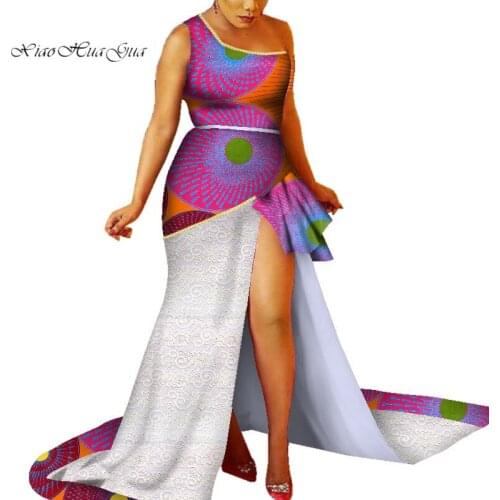 African Print Fashion One-Shoulder African Dress For Women High Waist Bazin Riche Lace Dress Sexy Side Split Long Dress WY3875