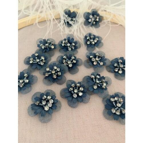 10 pieces Navy Blue 3d Flowers Applique Heavy Bead Petals With Rhinestone For Couture Hand Crafted Bridal Appliques