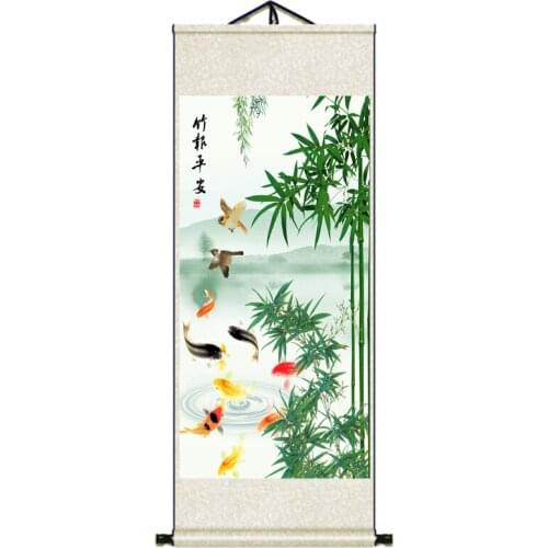 Bamboo Newspaper Safe Lotus Painting Decoration Hotel Entrance Mural Silk Gift Famous Paintings And Calligraphy Nine Fish