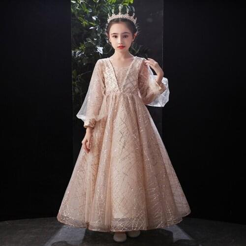 Flower Girl Dresses Illusion Sequined Pearls Beading Luxury V-Neck Princess Floor-Length Tulle Lace Full Kids Party Gown H259