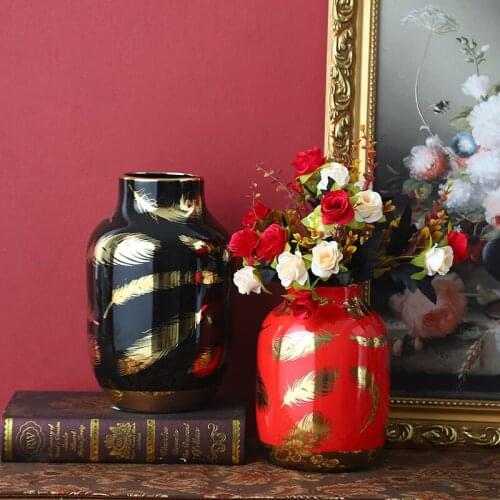 European Electroplating Feather Vase Vintage Living Room Table Decoration Flower Arrangement Ceramic Flower Vase Home Decoration