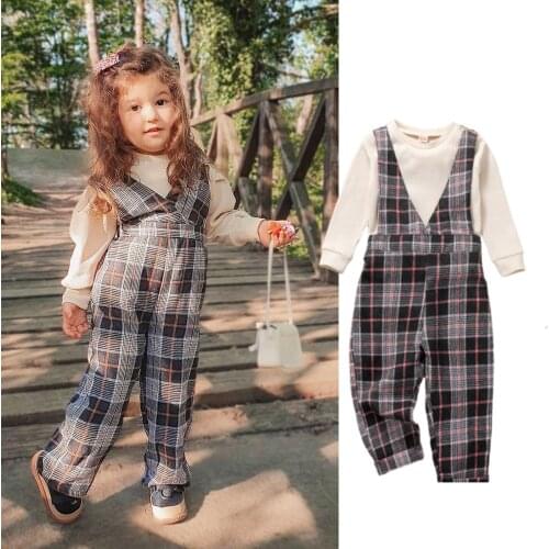 2Pcs Toddler Autumn Outfit Girl Clothes Solid Color Long Sleeve T-Shirt + Plaid V-Neck Suspenders Pants for 18 Months to 6 Years