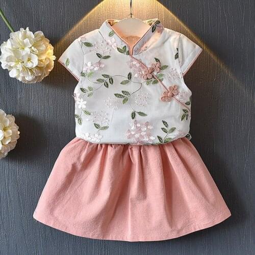 Girls Sets 2020 Summer New Childrens Clothing Girls Retro National Style Embroidery Cheongsam Shirt + Skirt Suit