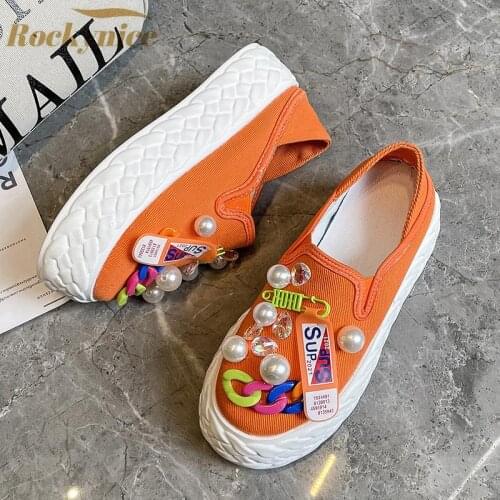 Vulcanized Shoes Woman Pearl Chunky Sneakers Summer Black Canvas Casual Sport Shoes Design Comfortable Platform Shoes Size 35-39