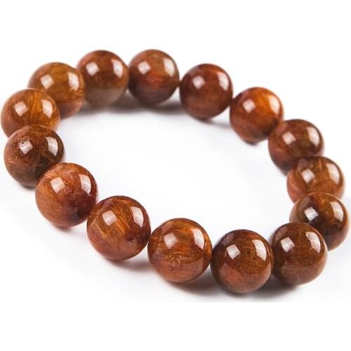 Natural Copper Rutilated Quartz Women Fashion Round Bead Crystal Stretch Bracelet 16mm
