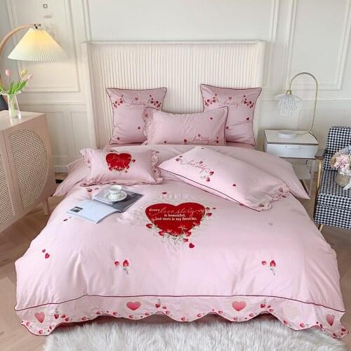 New Luxury Pink Red Rose Love Embroidery 800TC Egyptian Cotton Princess Wedding Bedding Set Duvet Cover Bed Sheet Pillowcases