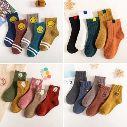 Autumn Winter Cotton Thicken Socks For Children Cute Cartoon Happy Boy Striped Socks 5 Pairs Infant Baby Girls Socks 1-12 Yrs