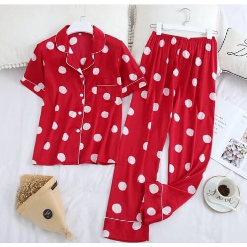 JULYS SONG Polka Dot Womens Pajamas Set Lapel Collar Casual Short Sleeve Long Pants Homewear Summer Faux Silk Soft Sleepwear