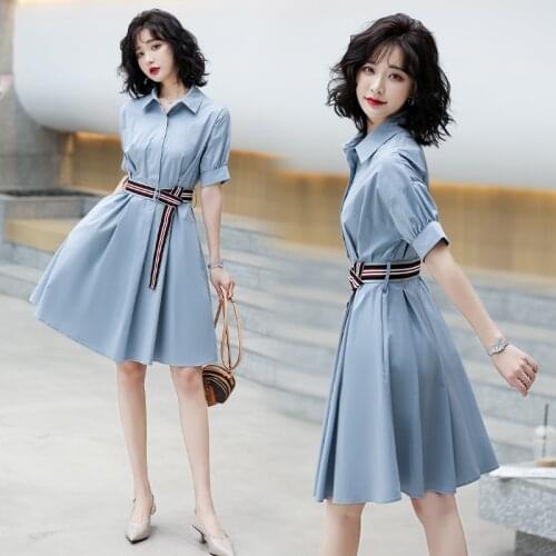 With Sashes Dress Women Summer Shirt Dresses Woman Short Batwing Sleeve Loose Casual Vestidos Simple Work Office Dresses SY124