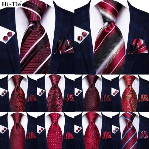 Hi-Tie Burgundy Striped Floral Silk Wedding Tie For Men New Design Mens Necktie Hanky Cufflinks Set Business Party Dropshipping