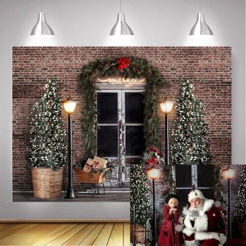 Christmas Photography Backdrop Xmas Brick Wall Winter Children Portrait Photo Background Christmas Tree Vintage Door Photocall