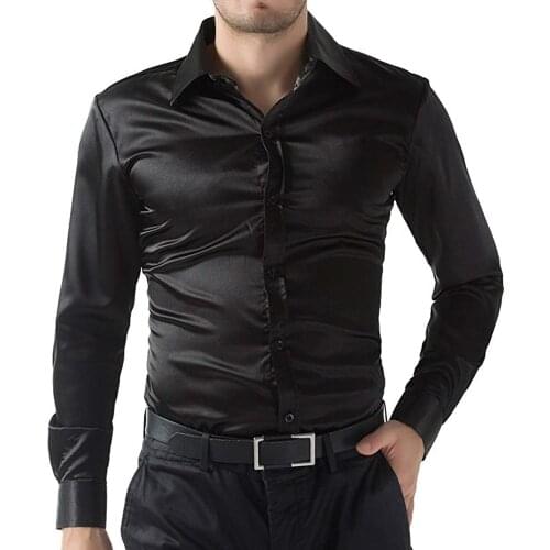 Men Formal Satin Shirt Shiny Long Sleeve Business Formal Casual Tops Silk Sequins Slim Classic Gothic Steampunk Retro Top