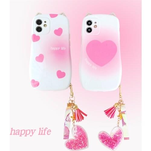 With Pendant Korean Cat Ears Pink Love Phone Case for iPhone 11 12 Pro Max X XR XS Max 6 6s 7 8 Plus Women Girl Soft Cover