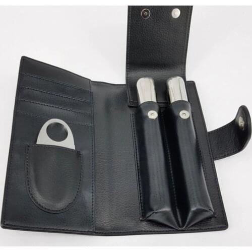 Cigar Case Holder 2 Tube Genuine Leather Cigar Pack Pouch Portable Cigar Set