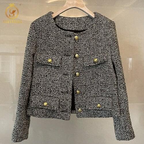 SMTHMA 2021 New Autumn And Winter Short Vintage Gold Buckle Woolen Tweed Coat Womens Long Sleeve Black Outerwear chaqueta mujer