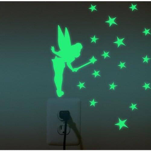 Luminous Switch Wall Stickers Glow in Dark Stars Fairy Glitter Wing Acrylic Decal F8 Tinker Sit Bell Fluorescent
