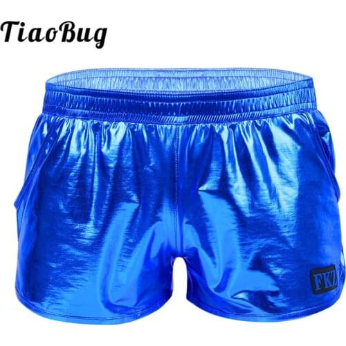 TiaoBug Shiny Metallic Solid Color Low Rise Elastic Waistband Men Swim Boxer Shorts Club Rave Dance Costume Bathing Suit Trunks