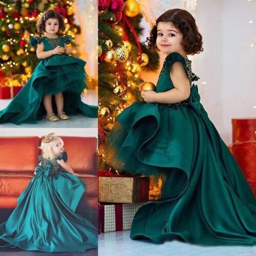 2019 Dark Hunter Green Hi Lo Girls Pageant Dresse With Beaded Crystal Ruffle Satin Princess Girls Birthday Party Gowns