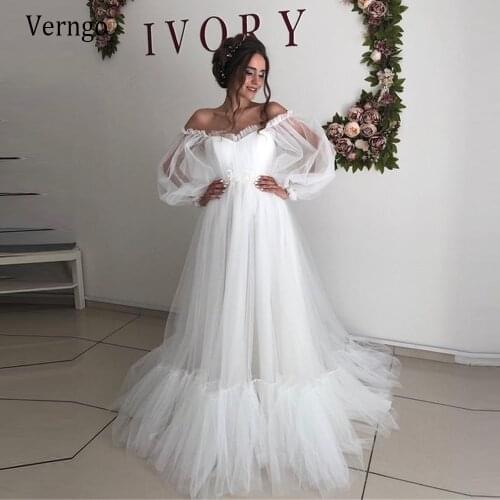 Verngo Simple Long Sleeves Tulle A Line Wedding Dress For Bride Puff Sleeves Off the Shoulder Sweetheart Lace Up Bridal Dresses