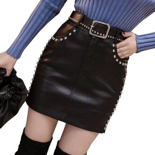 High quality High Waist Slim Front Skirt Black Pants Small Rivet PU Leather Short Skirt Women 2021 New Autumn Winter LU2128