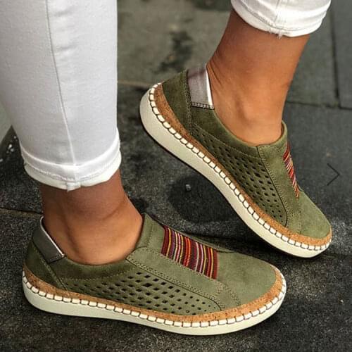 New Women Shoes Hollow Out Breathable Striped Flat Female Sneaker Casual Retro Elastic Band Hand-Stitched Lady Sneaker