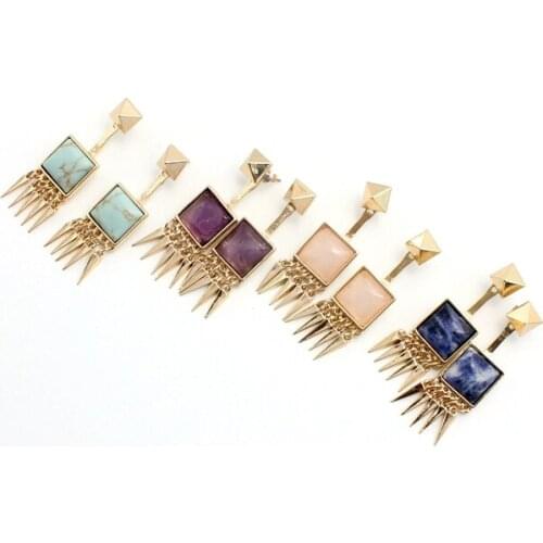 2016 New multicolor Square green stone earrings rivet buckle ear jackets earrings for women