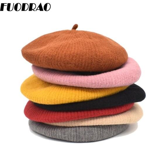 FUODRAO Women Beret Hat For Winter Knitted Wool Hats Good Quality Solid Color Beanie Fashion Girls Berets Hat A10