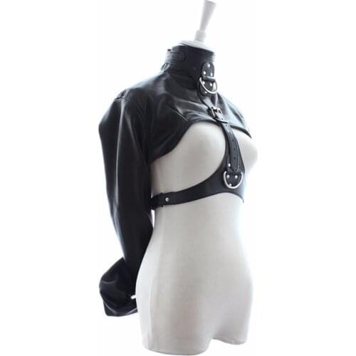 Kinky Womens Soft Leather Sex Body Bondage Strait Jacket Crop Top Open Breast Straitjacket Sexy Fetish Sub Role Play Costume