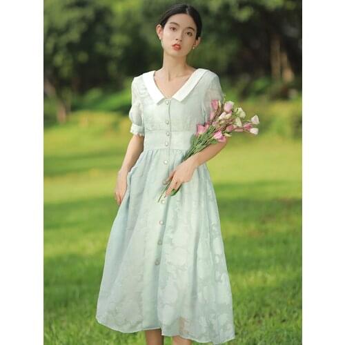 Womens French Retro Jacquard Puff Sleeve Dress Blue Gentle Single-breasted Korean Sweet Fashion Mid-length Princess Dresses