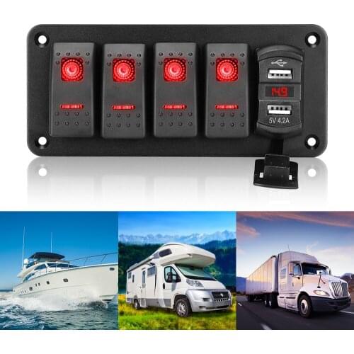 12V/24V Dual USB Port 4 Gang Toggle Rocker Switch For Car Marine Ship LED Switch Panel +Sticker Digital Voltmeter