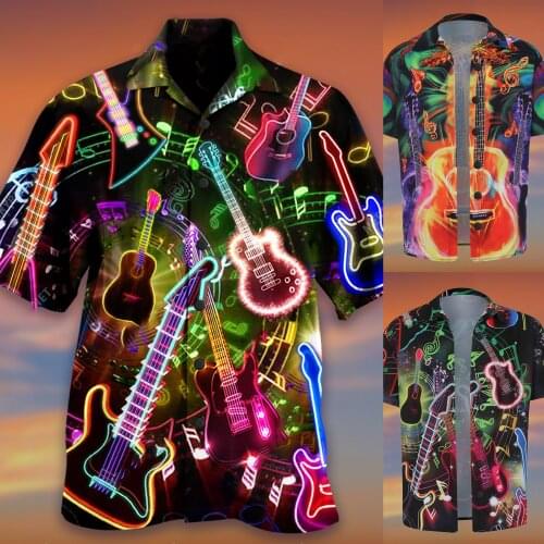 2021 Mens Summer Printing Short-Sleeved Music Party Clothing New Comfortable Printing Stand-Up Collar Shirt Button Top S-5XL