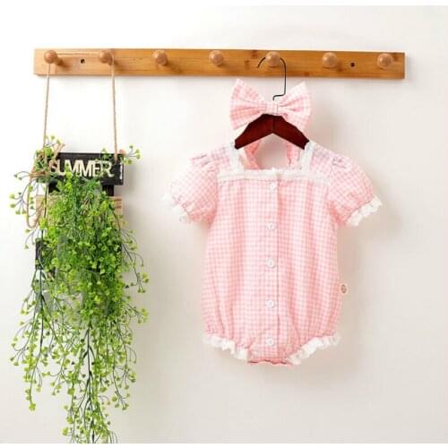 New Baby Girls Rompers Infant Short Sleeve Summer Clothes Toddler Plaid Lace Splicing Princess Jumpsuit with Headband One-Pieces
