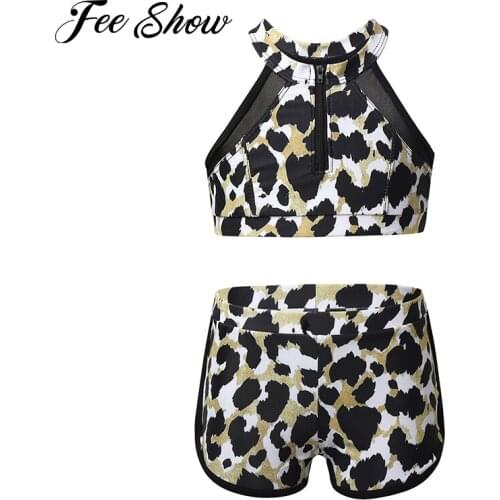 Summer Kids Tankini Swimsuit Sleeveless Mesh Splice Zippered Leopard Printed Bathing Suits Girls Swimwear Tops with Bottoms Set