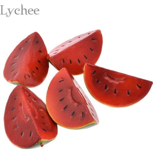 Lychee Life 5pcs Artificial Mini Watermelon Slices Simulated Fruit Miniatures Handmade DIY Doll House Crafts Decoration