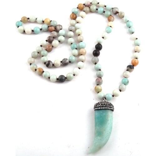 Fashion Bohemian Tribal Jewelry Amazonite Stones Long Knotted Stone Pendant Necklaces Women Ethnic Necklace
