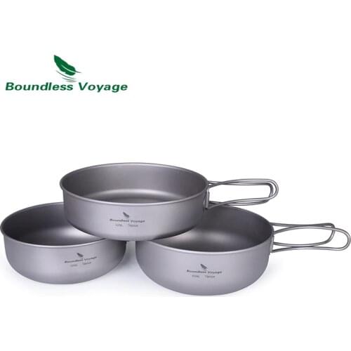 Boundless Voyage Outdoor Ultralight Titanium Bowl Pan Plate Dish Set 3pcs Camping Picnic Tableware Cookware