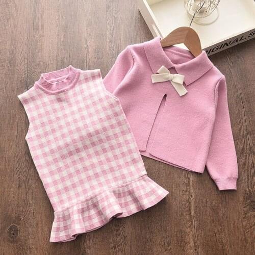 2020 New Girl Fashion Clothing Set Cute Bow Sweaters+plaid Dress Girl Christmas Elegant Clothes Sets Children Party Birthday Set