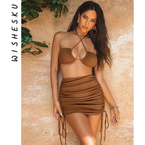 Lace Up Ruched Halter Sexy Backless Crop Top and Drawstring Mini Skirts Bandage Fashion Two Piece Matching Set Club Outfits