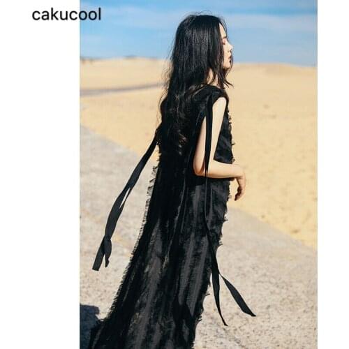 Cakucool Fairy loose sweet Hong Kong flavor deep V-neck tassel streamer dress super fairy spring and summer sleeveless dress