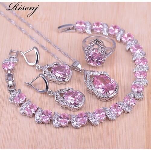 Risenj Silver Color Jewelry Big Pear Pink Cubic Zircon Ring Earrings Necklace Bracelet Set For Women Bridal Jewelry