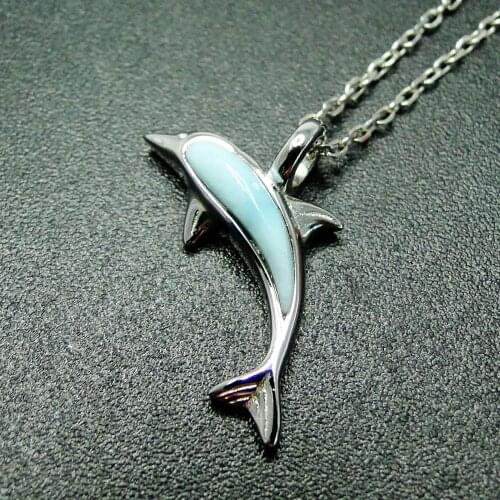Sealife Larimar Jewelry 925 Sterling Silver Natural Larimar Dolphin Womens Pendant Necklace For Gift